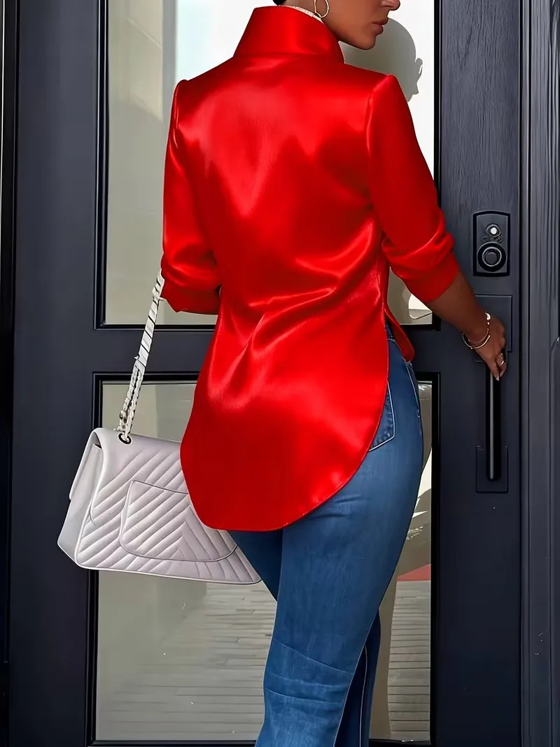   Satinhemd für Damen – Langärmlige Button-Down-Bluse mit elegantem, glänzendem, lässigem und schickem Bürooberteil – Detail 4