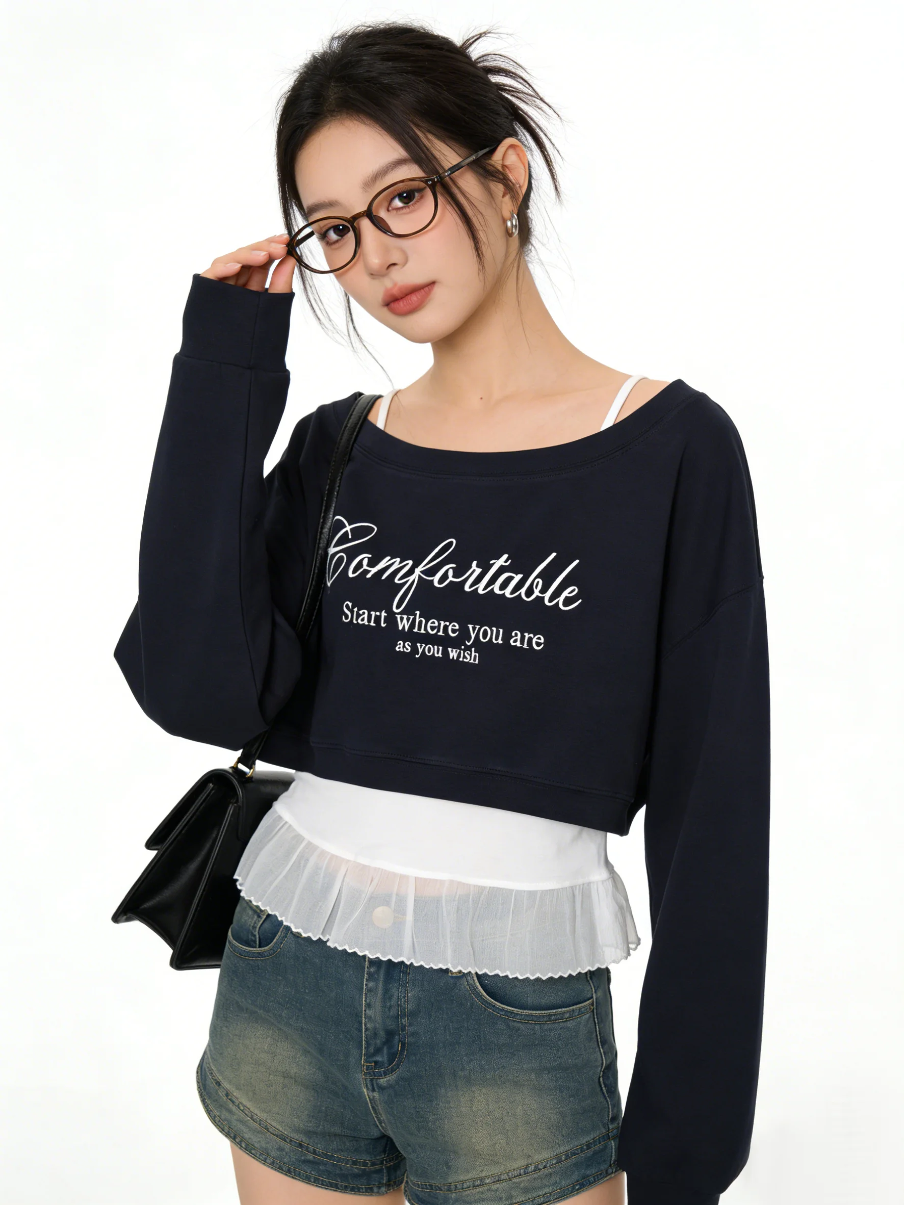 

Retro American Korean Style Letter Print Sweatshirt Set Women's Lace Splicing Early Spring Season Fashionable Strap Blouse