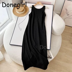 Donegirl Summer Black Cotton Linen Sleeveless Midi Dress Women Fashion Elegant Commuter Leisure Female Tank Dresses