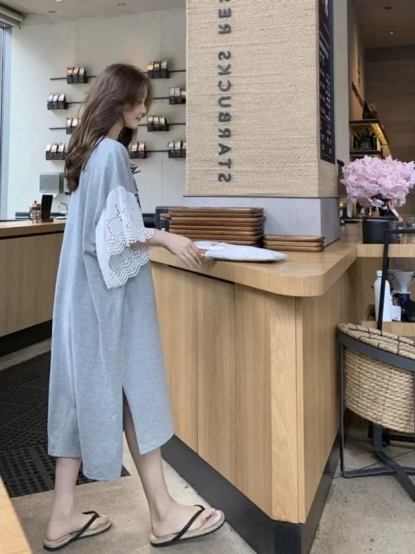 Coréen Sle été imprimé Dr dentelle garniture mouche Sve t-shirt Dr taille ample ort Sve mi-longue coupe droite Dr