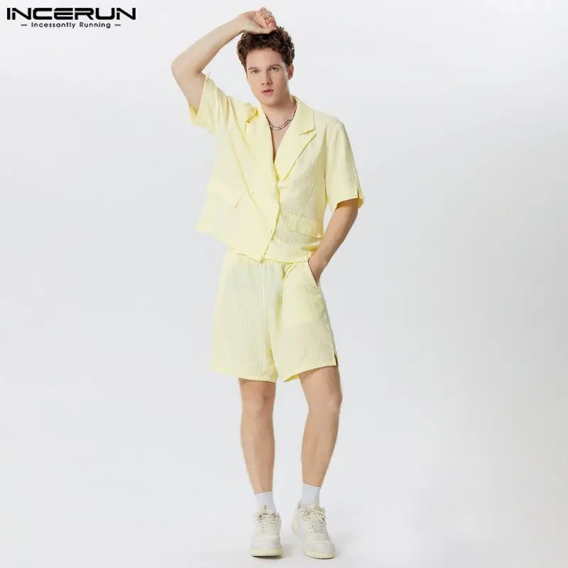 INCERUN Men Sets Solid Color Lapel Short Sleeve Blazer & Shorts Two Pieces Sets Summer Streetwear 2024 Fashion Men Casual Suits