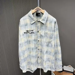 Towel Embroidery Black White Letter Overlapping Pattern Stripe Plaid Shirt Men Women Autumn Long Sleeved Shirt Loose Fit Clothes