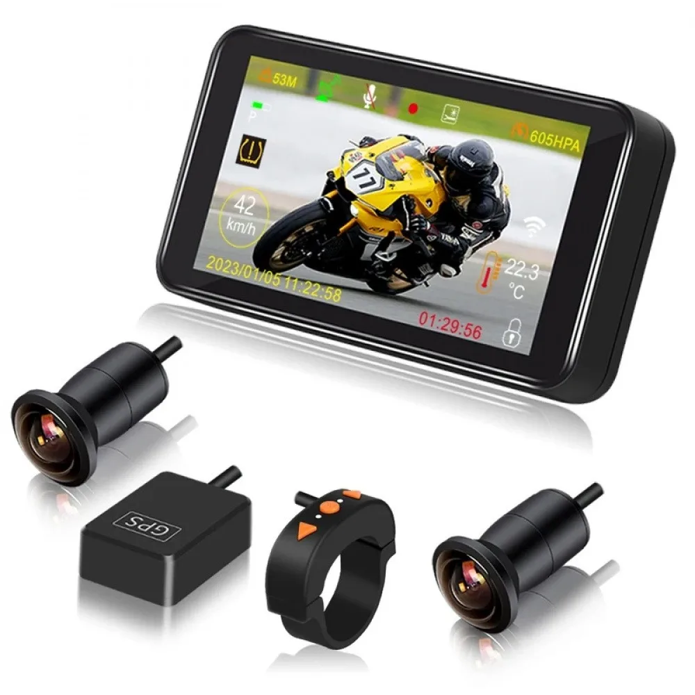 4.5X 4.5'' LCD Motorcycle DVR 1080P IMX307 170° Angle Front & Rear Camera Waterproof Dash Cam TPMS WiFi Parking Mode