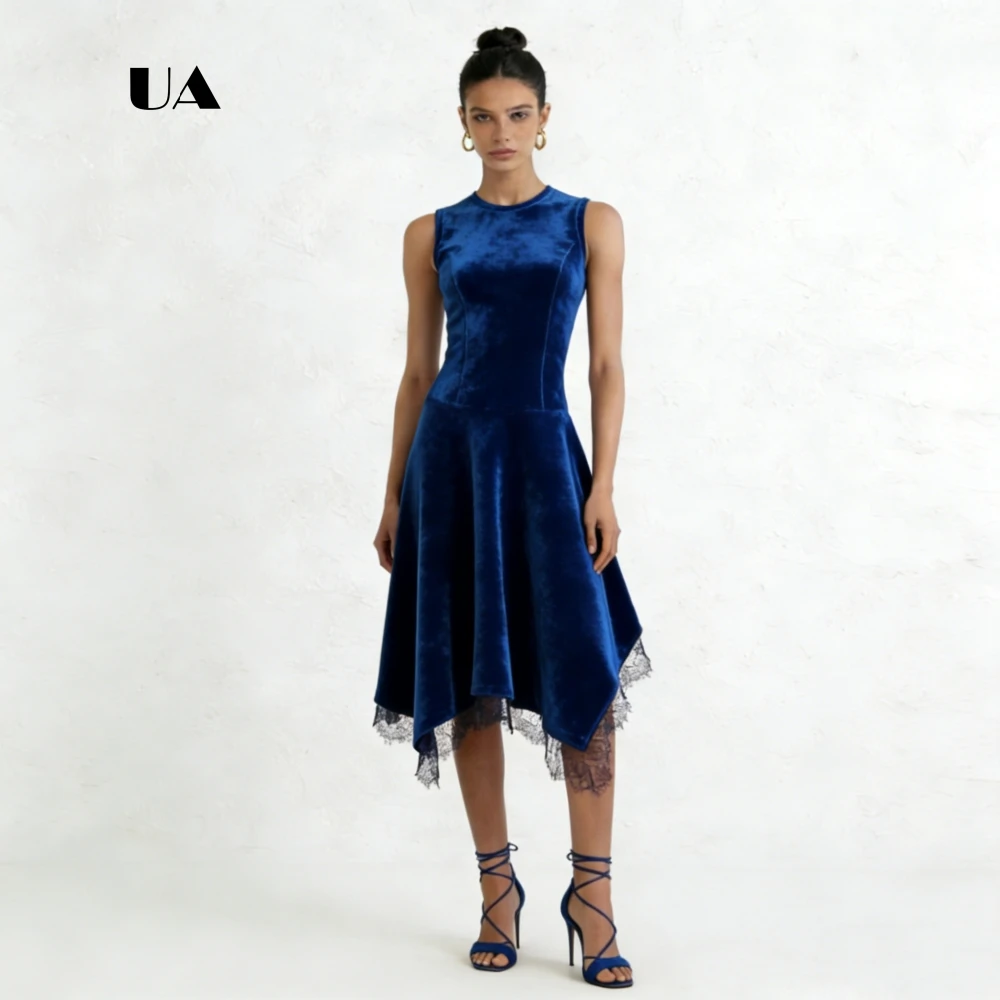 ULBYANRY Velvet Asymmetrical Prom Dress with Lace Trimmed Hem Solid O-neck Draped Evening Dress Sleeveless Customized Party Gown