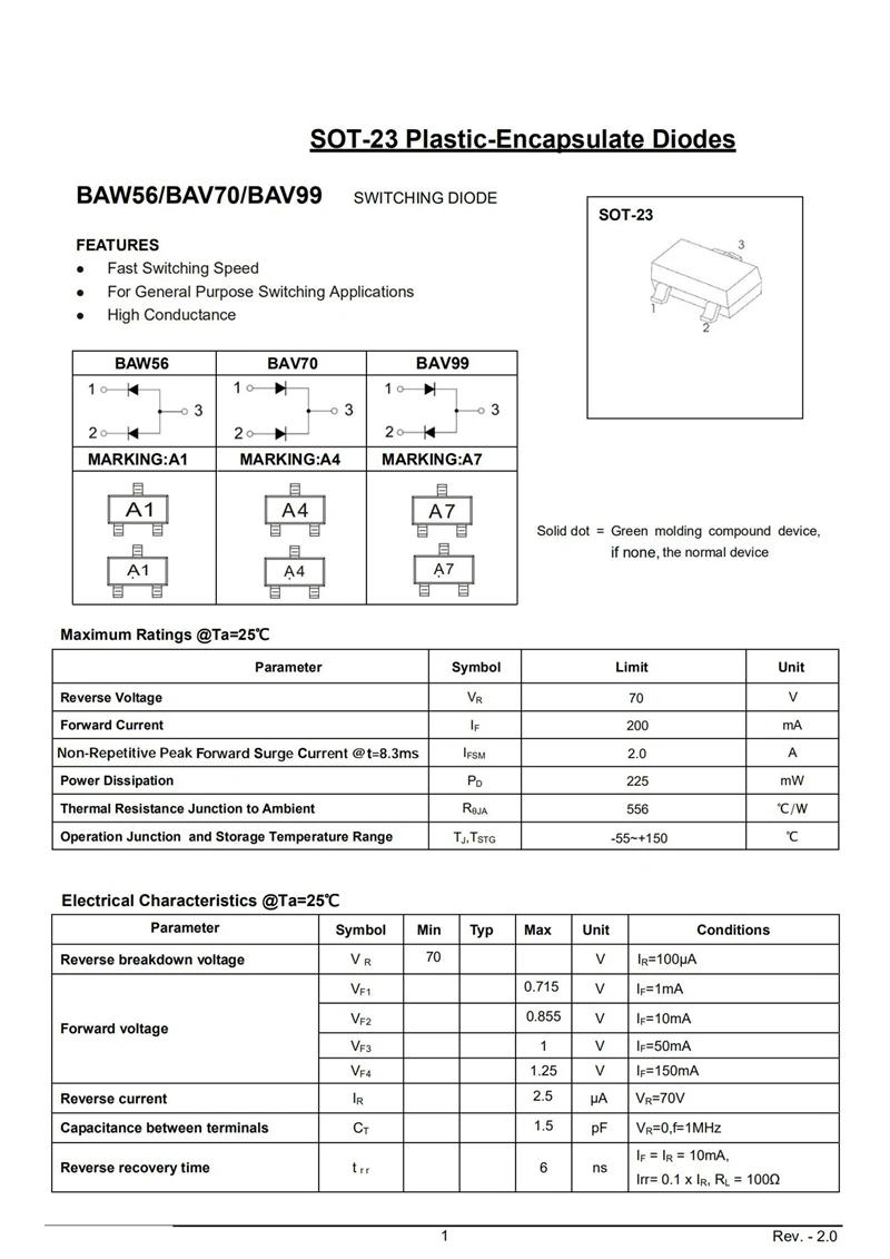 (50pcs) BAW56 A1 BAV70 A4 BAV99 A7 SOT-23 SMD Triode Transistor Power Tube