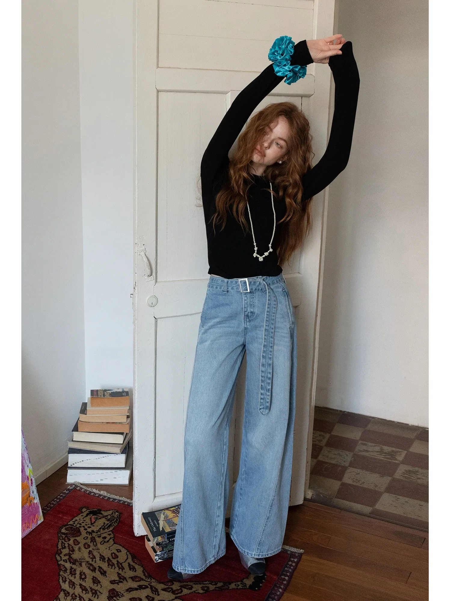 

Свободные прямые синие джинсы с высокой талией, широкие брюки с поясом в комплекте, универсальные повседневные утягивающие новые женские джинсы EGGKA 2025 г.