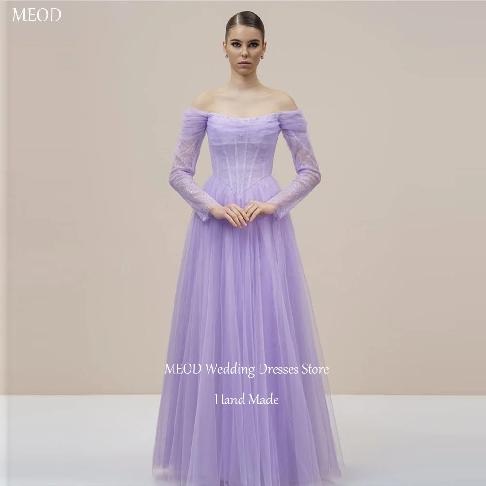 

MEOD Fashion Tulle Evening Gowns Strapless A Line Prom Dresses Pearls Lace Floor Length Off The Shoulder Vestidos Customized