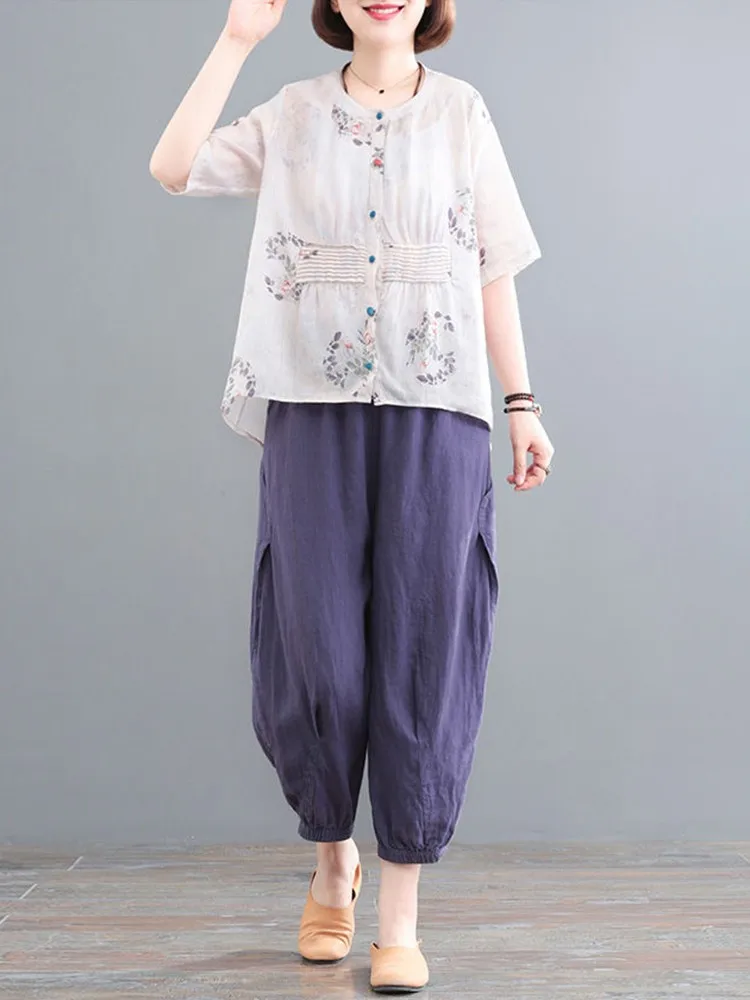 2 Piece Sets Women Cotton Linen Shirts And Pants New 2022 Summer Vintage Style Loose Comfortable Female Casual Suits D211