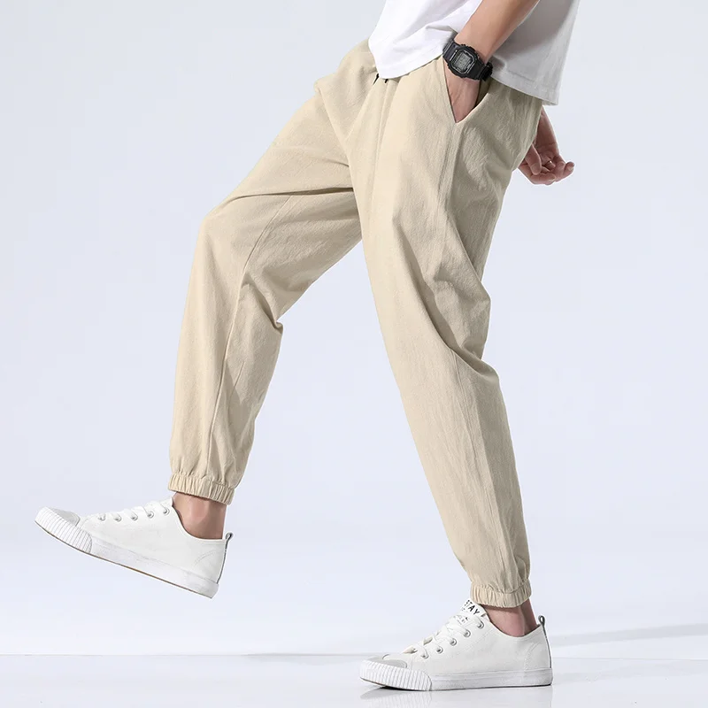 Straight Pants Men's Fashion Solid Elastic Waist Casual Pants 2022 Men Streetwear Loose Japanese Cotton Trousers Mens Bottoms