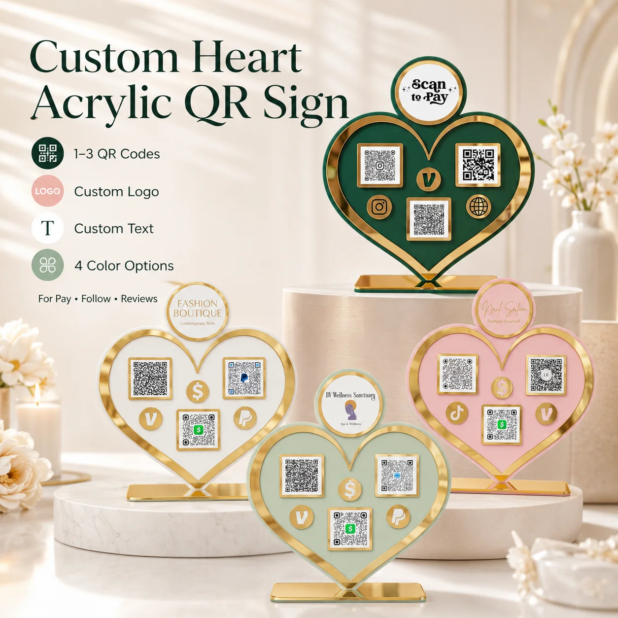 

Customized Acrylic QR Code Plaque Personalized Logo Text Photo Clear Stand For Store Payment Social Media Counter Display Decor