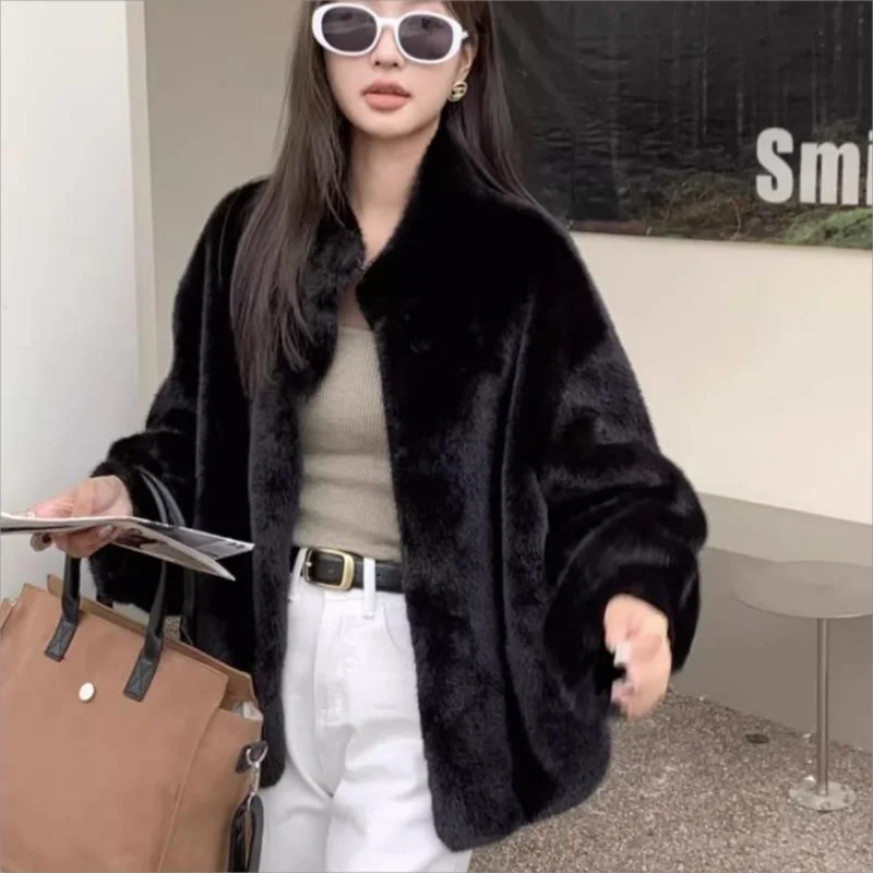 2024 Fashion Faux Fur Coat Women\'s Mink Fur Overcoat Short Jacket Winter Stand-up Collar Fur Outerwear Casual Tops