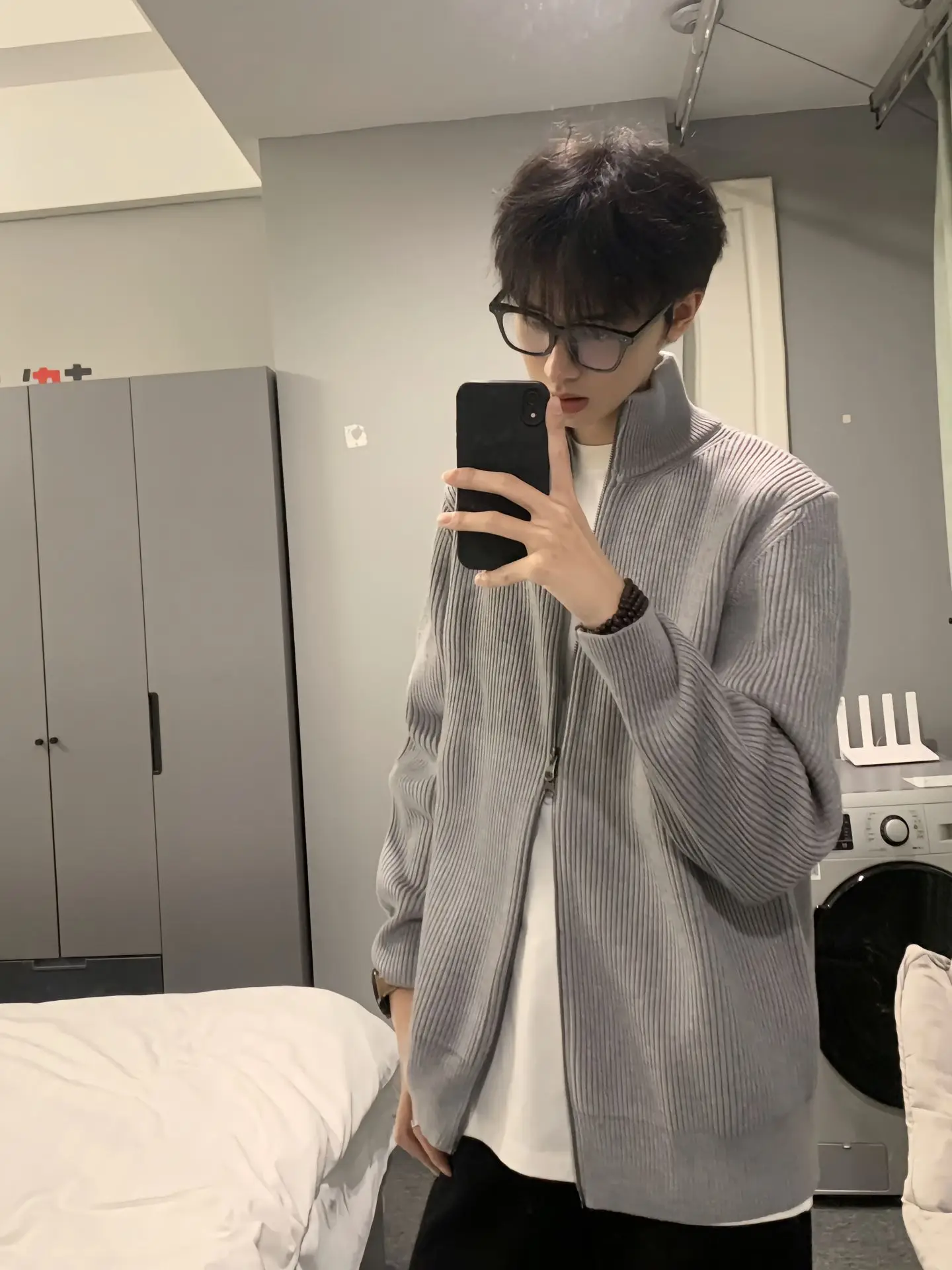 

Мужской кардиган на молнии с воротником, свободный вязаный свитер для повседневной носки зимой, из полиэфирного волокна, с длинными рукавами, молодежный стиль