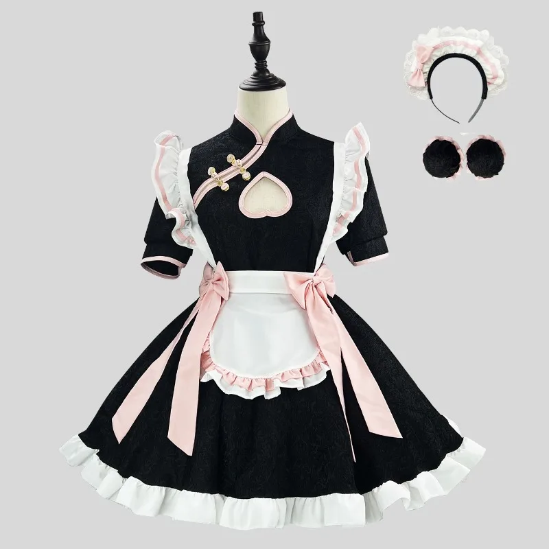 

New~ Chinese style maid outfit Lolita COS hollow new Chinese cheongsam maid uniform suit dress