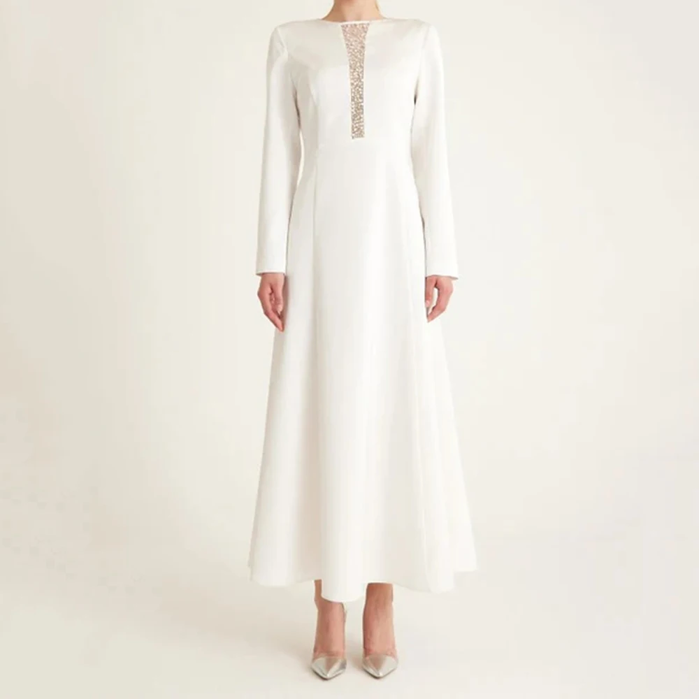 

Customized A-line Evening Dresses Tea-length O-neck Full Sleeve Prom Gown Fashion Crystal Simple Draped Casual Party Dresses