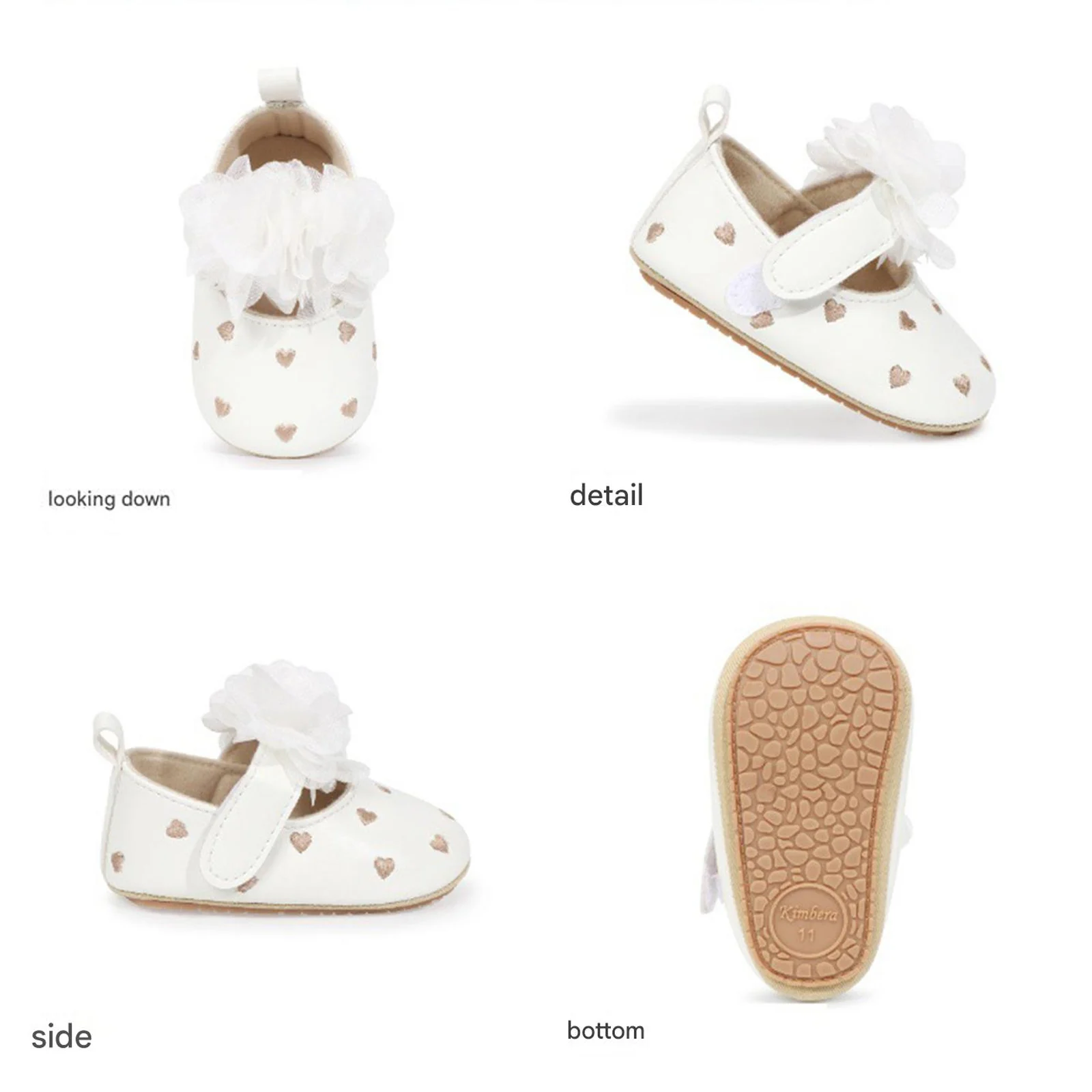 Infant Baby Girls Mary Jane Shoes Princess Cute Heart Pattern Mesh Flower Soft Non-Slip Sole First Walking Shoes