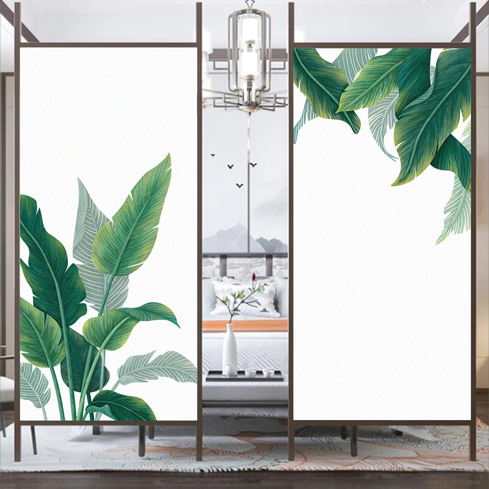 

Privacy Window Film Green Plants Decorative Film Glue Free Static Cling Frosted Windows Glass Sticker for Home