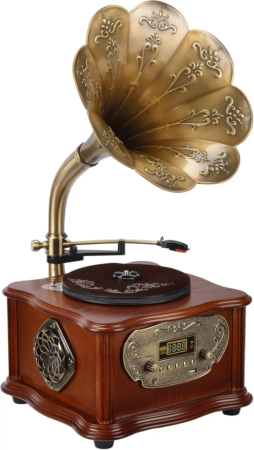 Wooden Gramophone Phonograph Turntable Vinyl Record Player Stereo Speakers System Control B Ouput Bluetooth 4.2