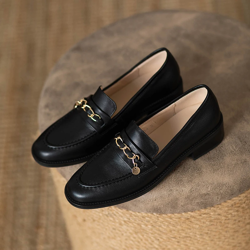 Black Genuine Leather Flat Shoes Women Fashion Oxfords Gold Chains Slip On Office Ladies Loafers Moccasins Casual Flats Female