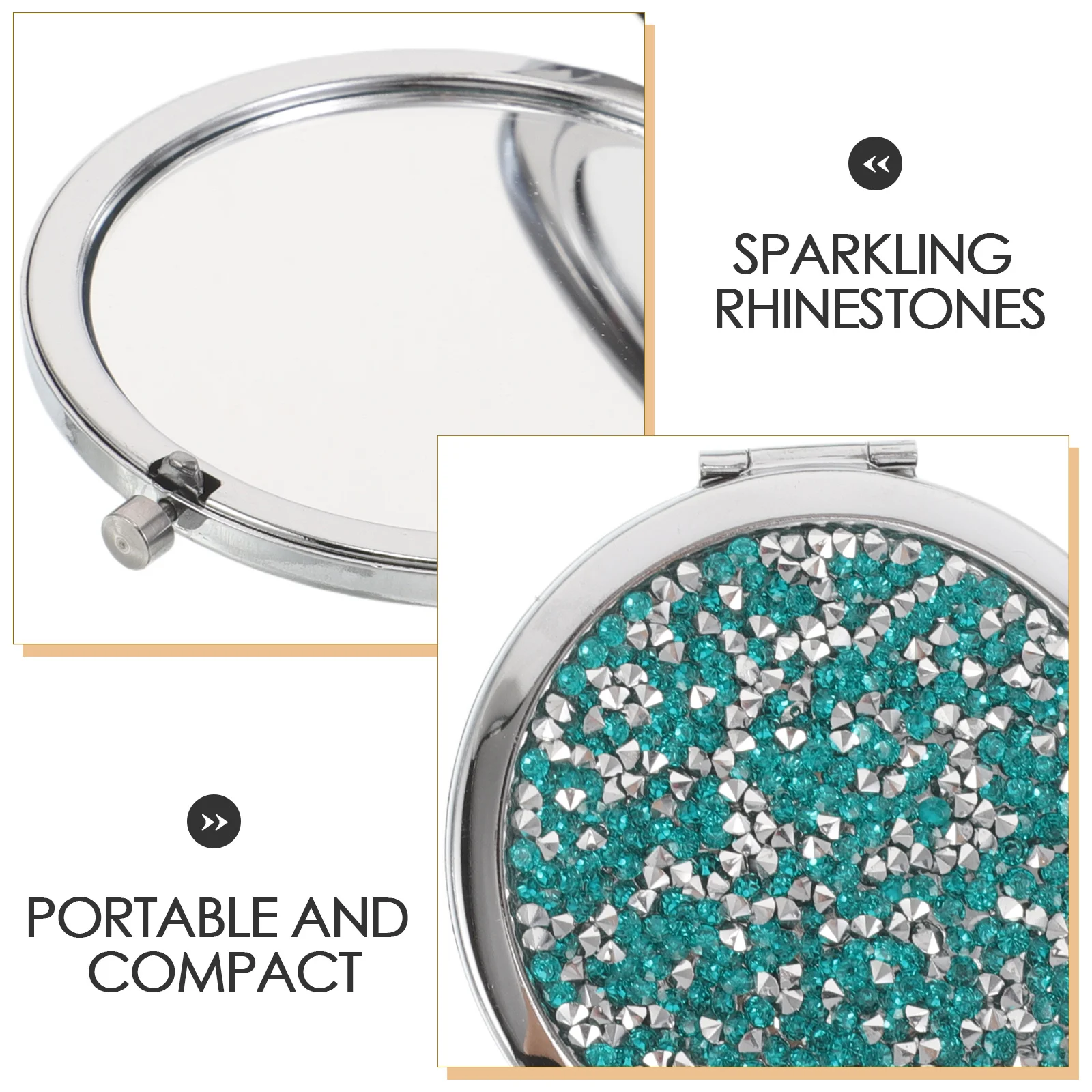 4Pcs Double Sided Makeup Mirror Rhinestone Inlaid Metal Frame Foldable Compact Mirror Set for on The Go Touch Ups in Pink Silver