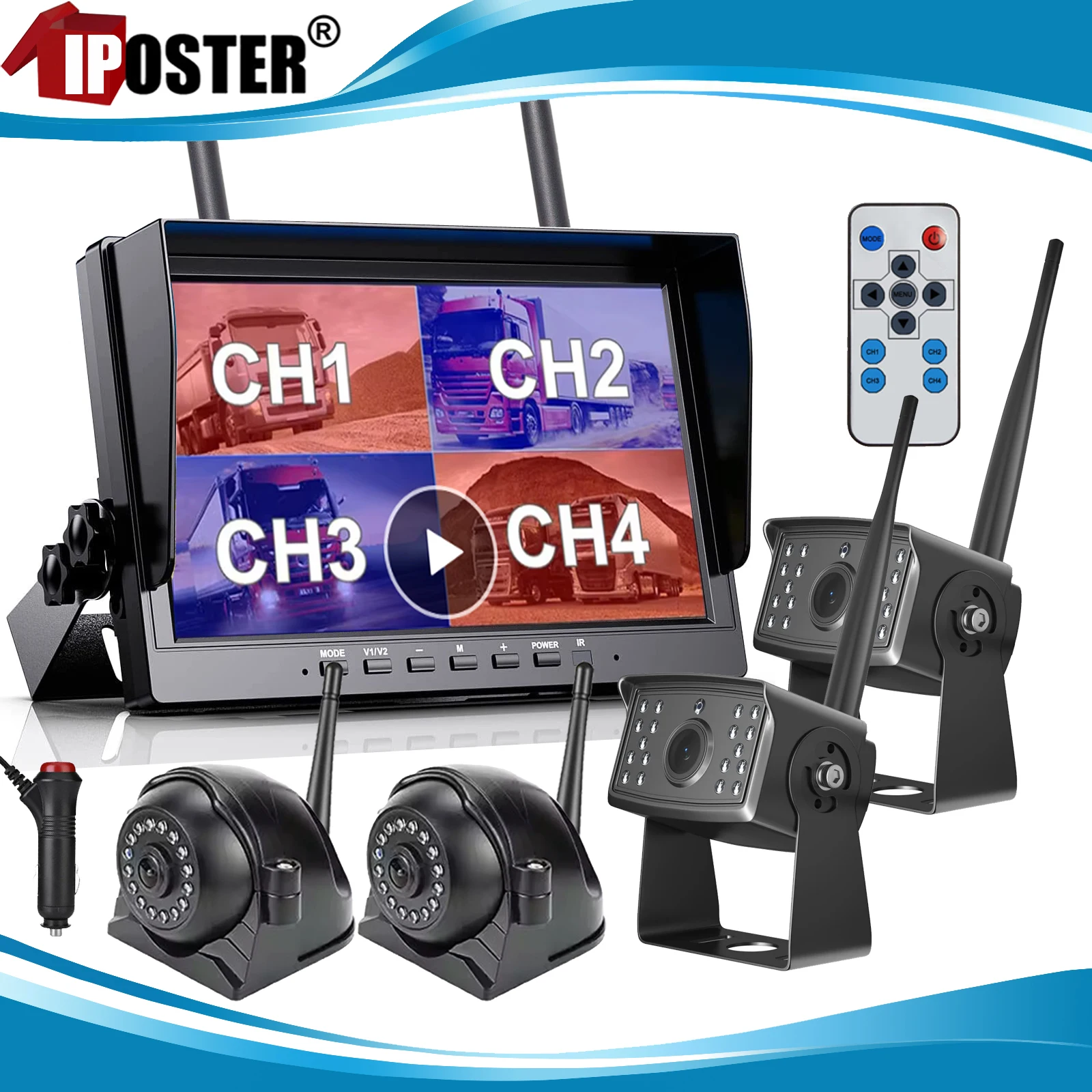 

For Truck Trailer Caravan Digital Wireless Backup Camera 10.1" Quad Monitor DVR Loop Recording 50-100m Waterproof Night Vision