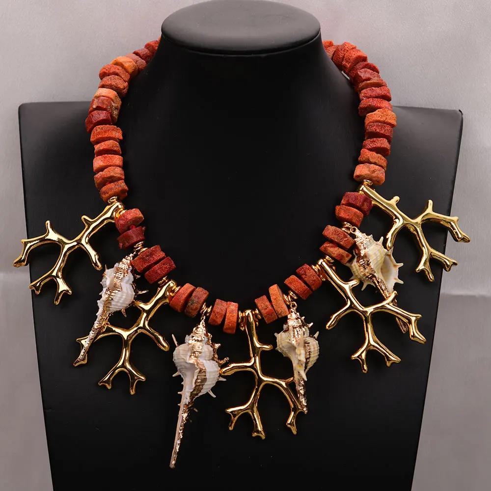 GG Natural Orange Red Coral Bamboo Necklace Gold Plated Resin Branch Sea Shell Pendant