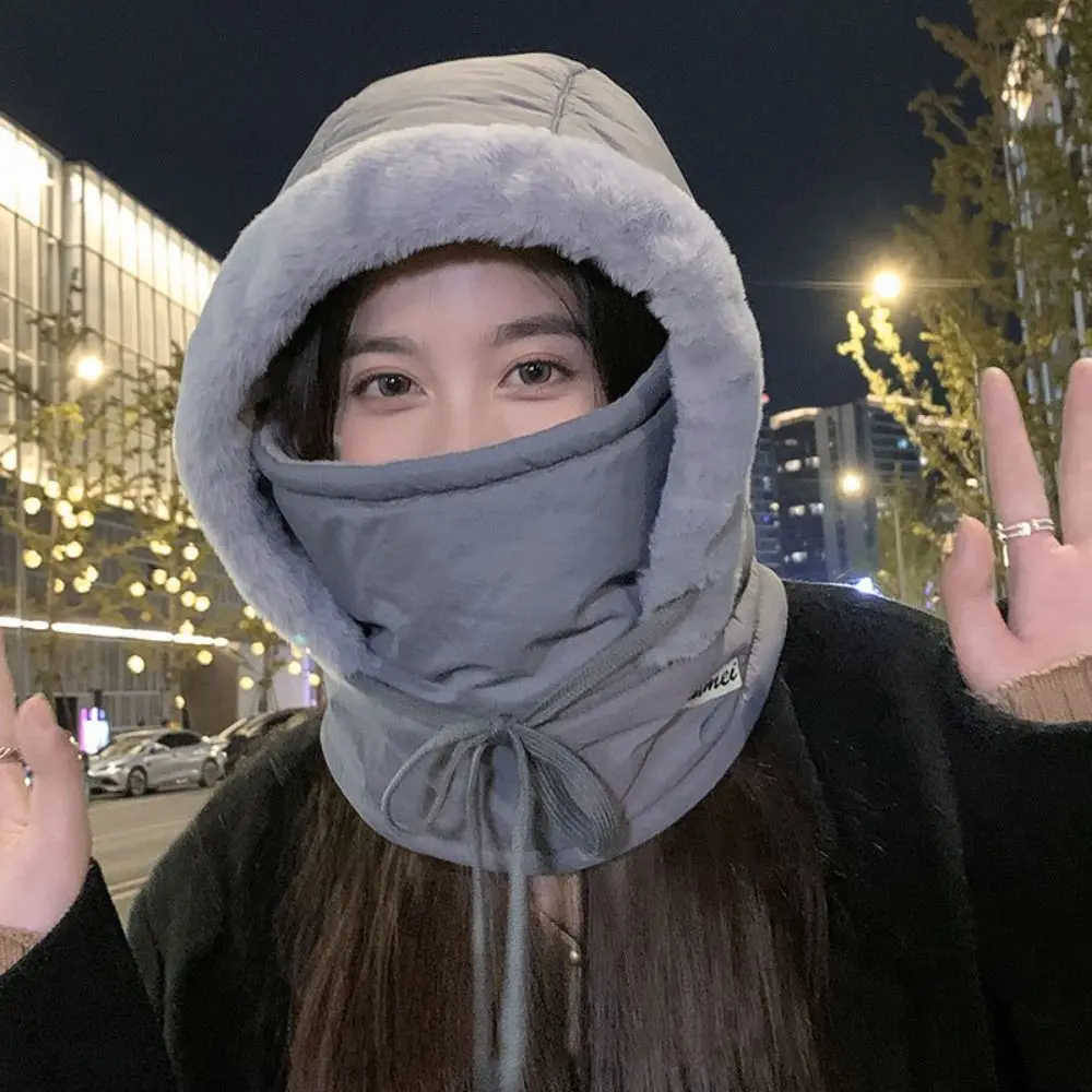 

Soft Drawstring 3-in-1 Winter Cycling Hat Plush Solid Color Warm Pullover Hat Velvet Mask Winter Balaclava Hiking