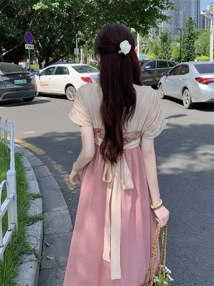 2023 Set gaun Hanfu harian tradisional Cina gaun gaya kuno wanita gaya Oriental dipertinggi gaun Hanfu harian merah muda wanita