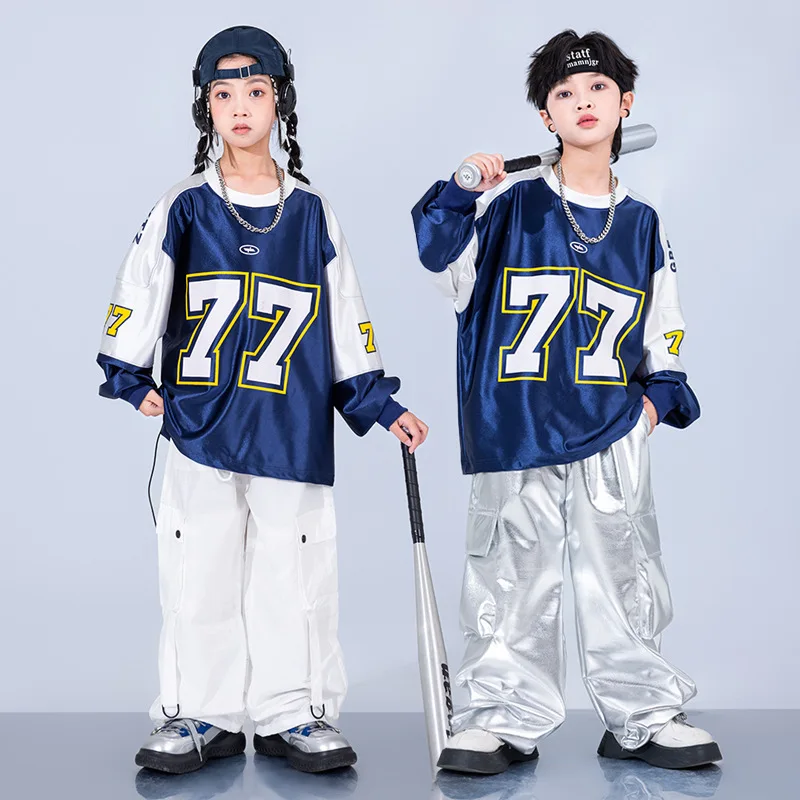 

Серебряный свитшот в стиле хип-хоп для мальчиков, блестящие брюки-карго для уличных танцев, уличная одежда K-pop для девочек, комплекты детской джазовой одежды, детские сценические костюмы