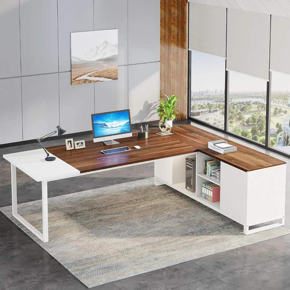 70.8 "l-förmiger Schreibtisch mit 55" Akten schrank, Büro computer tisch mit Ablage fächern und Schrank, Set Home Office, Walnuss weiß