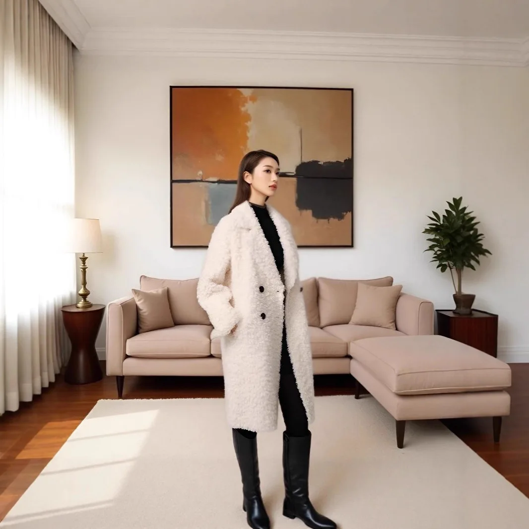 الشتاء النساء مزدوجة الصدر سترة الصوف الحقيقي مستقيم منتصف معطف طويل الإناث عادية الخامس الرقبة سميكة الدافئة معطف فرو الأغنام الطبيعية #5