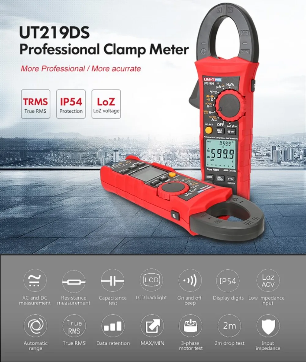 UNI-T Professional Digital Clamp Meter 1000V AC DC UT219 Series True RMS Auto Power Off 3 Phase Motor Sequence Test Inrush