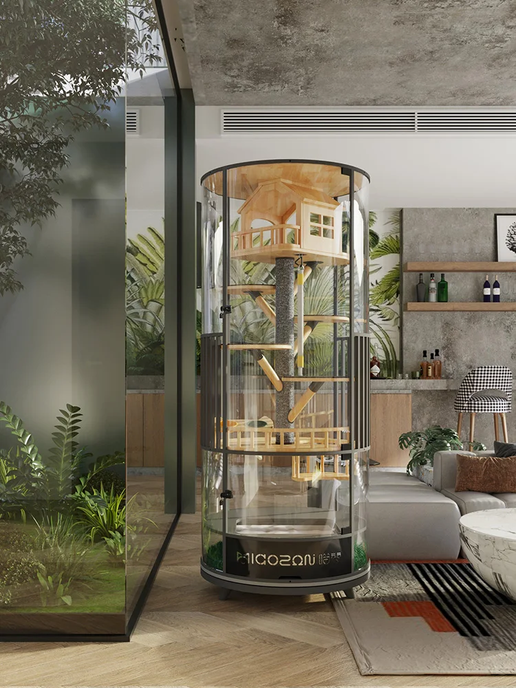 High-End Rotatable Cat Cage, Villa & Solid Wood, Luxury Panoramic Display Cabinet, Cat Litter, Glass House with Toilet