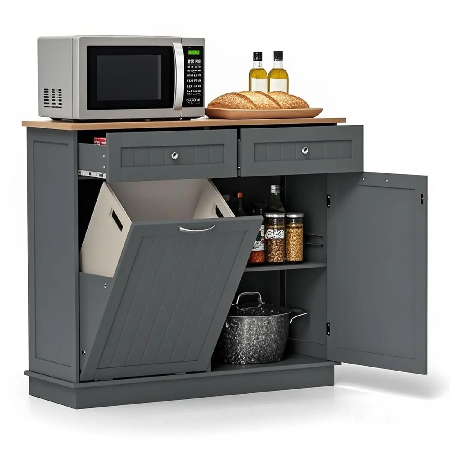 Tilt Out Trash Cabinet Island with Drawers & Shelf, Wood Countertop Freestanding Hamper Recycle Bin Pet Proof, Customized