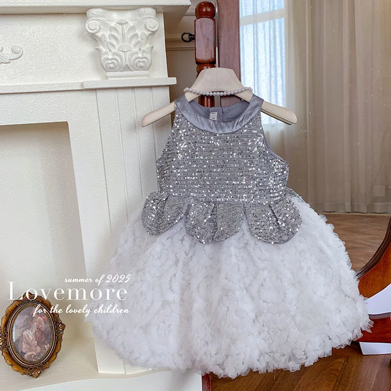 

Children's Clothing Spring Summer New Girls' High-End 3D Petal Dress Stylish Heavy Sequin Puffy Gown Dress