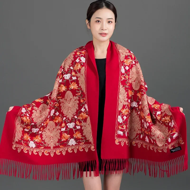 

Floral Embroidery Scarf Faux Cashmere Shawl Red Women Autumn Winter Fashion Mom Long Ethnic Style Embroidery Warm Shawl Outer