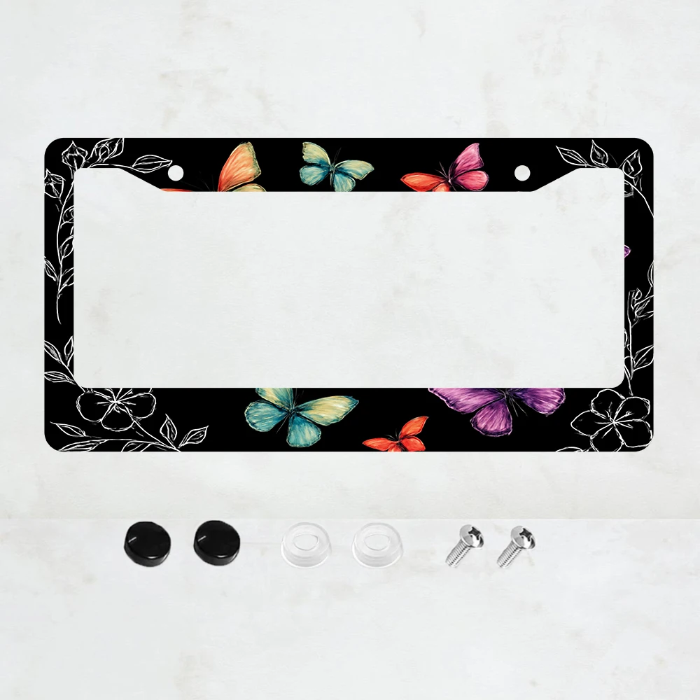 

Colorful Butterflies & Floral Outline License Plate Frame - Boho Black Car Tag Holder
