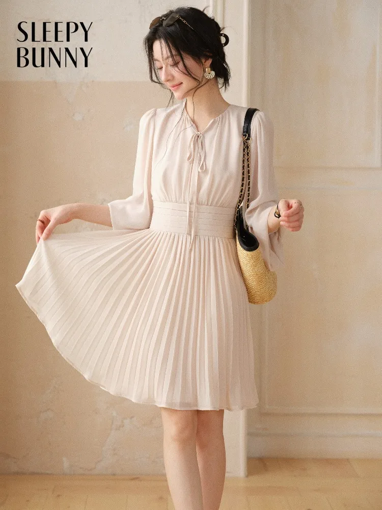 

Women Chiffon Mini Dress Elegant Tie Neck Pleated Waist A Line Short Dress Lantern Sleeve Slim Summer Casual Party Outfit Lady