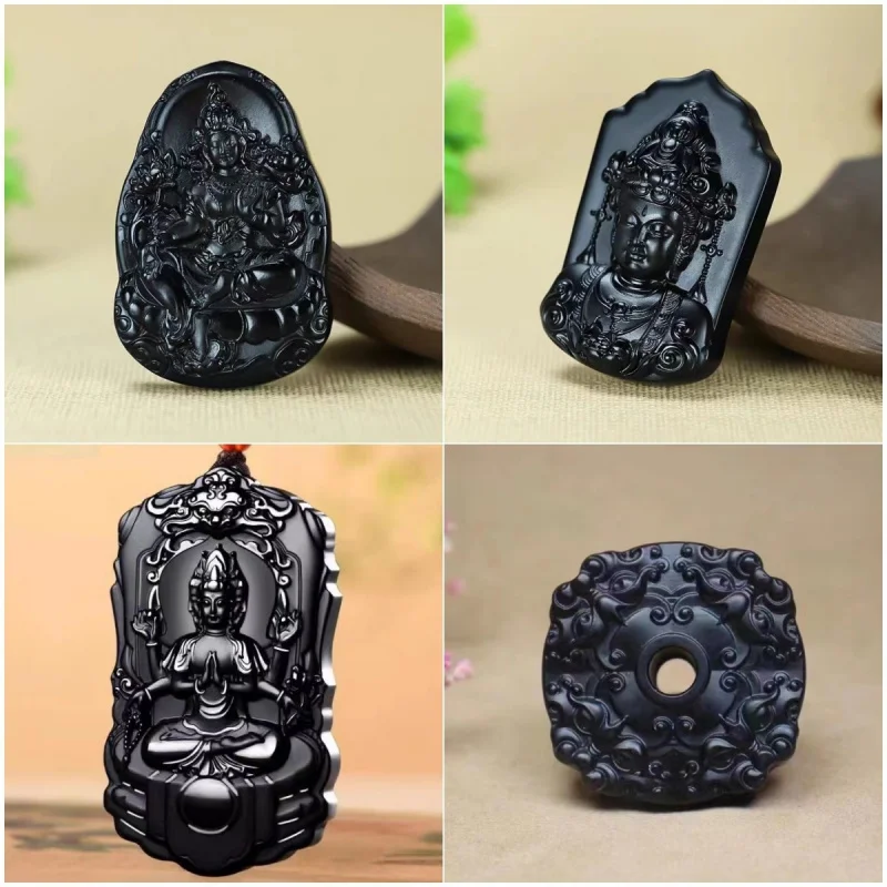

Natural Hotan Black Jade-Sitting Guanyin Necklace Pendant Guan Gong Double-Sided Quadrilateral Various