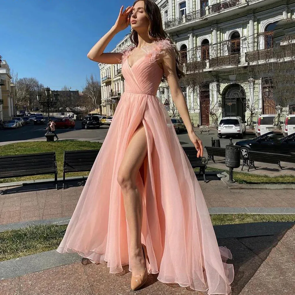 

Baby Pink Pleat V Neck Feathers Strap Evening Dress for Women vestidos de noche mujer Tulle Prom Party Gown vestidos para mujer