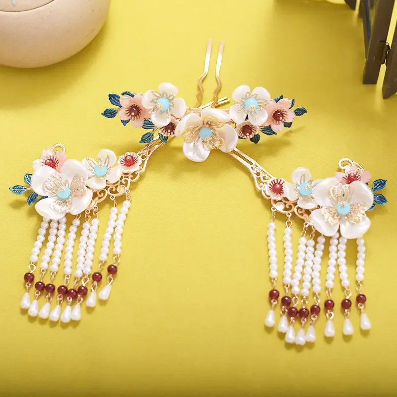 Womens Imitation Jade Flower  Pearl Tassel Hair Crown 3pcs Set Chinese  Headdress