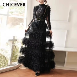 CHICEVER Spliced Lace Hollow Mesh Dresses for Women Stand Collar Long Sleeves High Waist Slim Spliced Sashes Party Dress Female