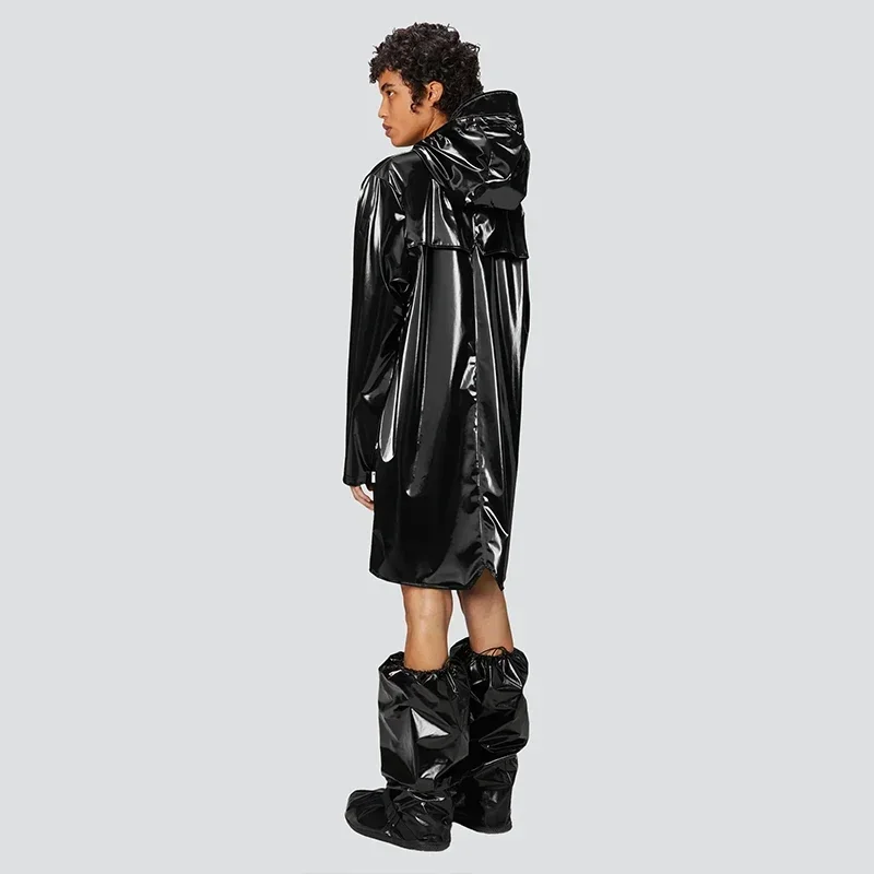 Men's Punk PU Trench Gothic Glossy Patent Leather Single Breasted Hooded Trench Coat Male Long PVC Waterproof Raincoat Custom