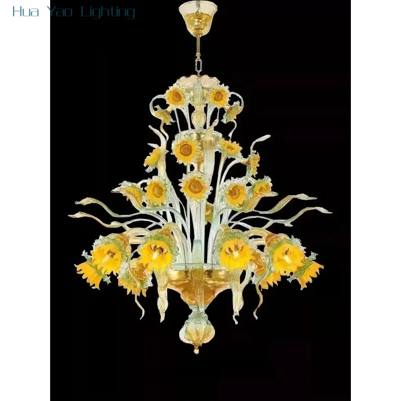 French Light Luxury Villa Medieval Living Room Bedroom Sunflower Handmade Glass Art Chandelier