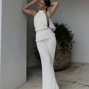 OYMIMI-Camisola de alças sem costas e calças largas sem mangas para mulheres, roupa plissada branca sexy, moda de cintura alta, conjunto de 2 peças, 2023 8 principais vendas conjunto branco calça e cropped - №7
