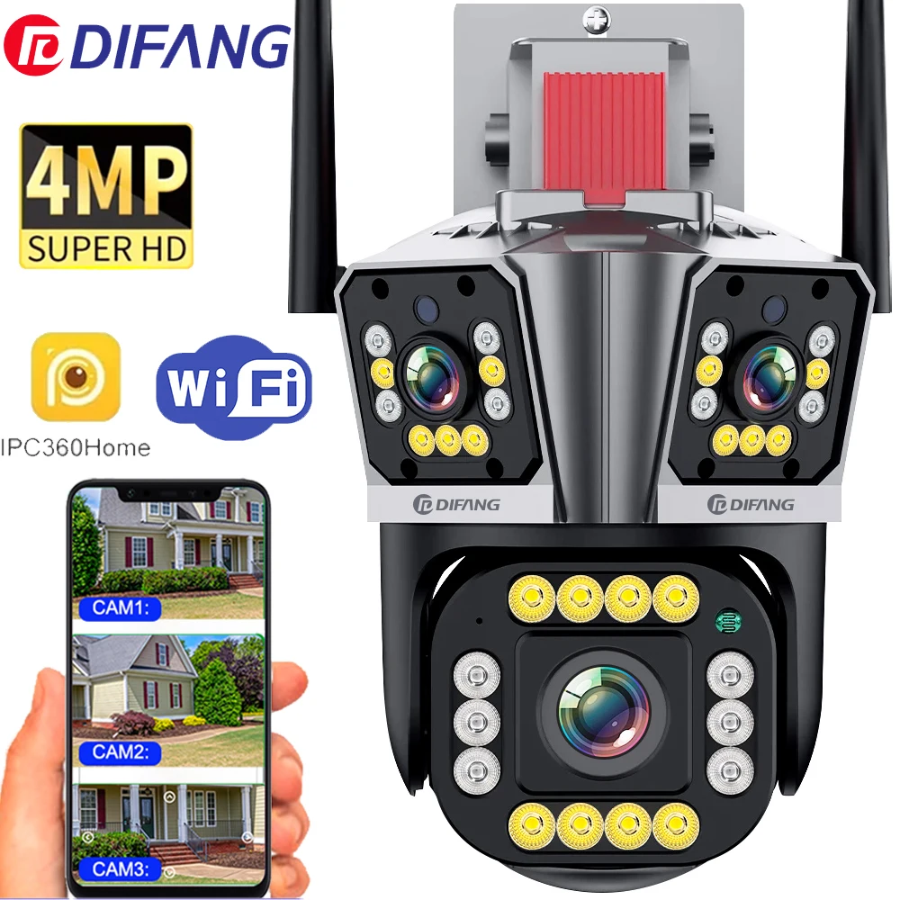 

DIFANG 5K WiFi Outdoor Security Camera Three Screens Two Way Audio Night Vision Motion Tracking Wireless IP Camera Connect Phone