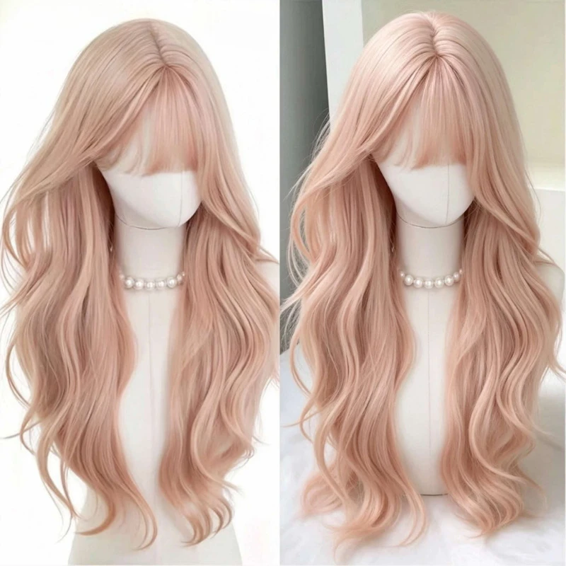 24-Inch wig female fog pink gold long curly hair full head cover simulation hair Korean air bangs rose net full head cover