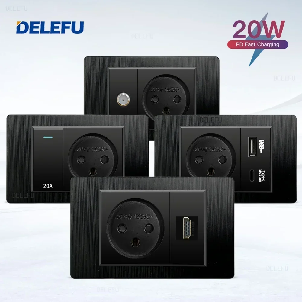 DELEFU Black Flame Retardant PC Brushed Israel Standard USB Type C Fast Charge Wall Socket Switch Satellite TV Phone CAT5 CAT6