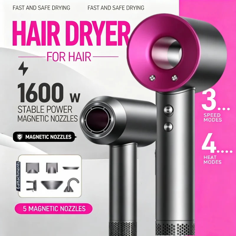 

Leafless constant temperature hair dryer for personal hair care and styling; home professional hair style accessories kit (5+1)