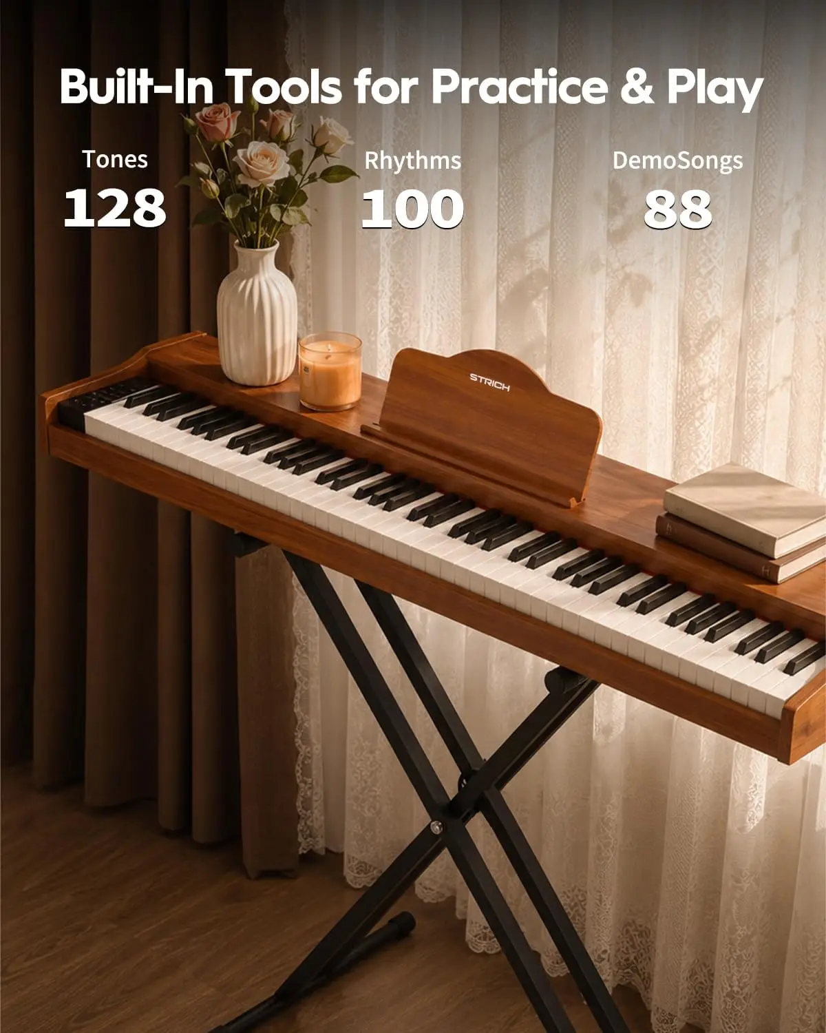 Complete 88-Key Digital Piano Package with Full-Size Velocity-Sensitive Keys, Electric Keyboard Setup Including Stand, Bench, Pedal, and Headphones