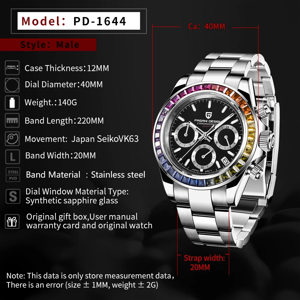 2025 New PAGANI DESIGN PD1644 Man Quartz Wristwatches 40MM Sapphire 316L Stainless Steel 100m Waterproof whtch Reloj Hombre V2